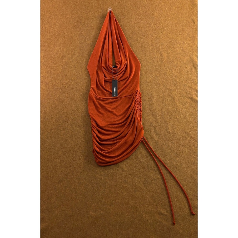 Fashion Nova Womens Small Rust Ruched Cowl Halter Mini Dress NWT